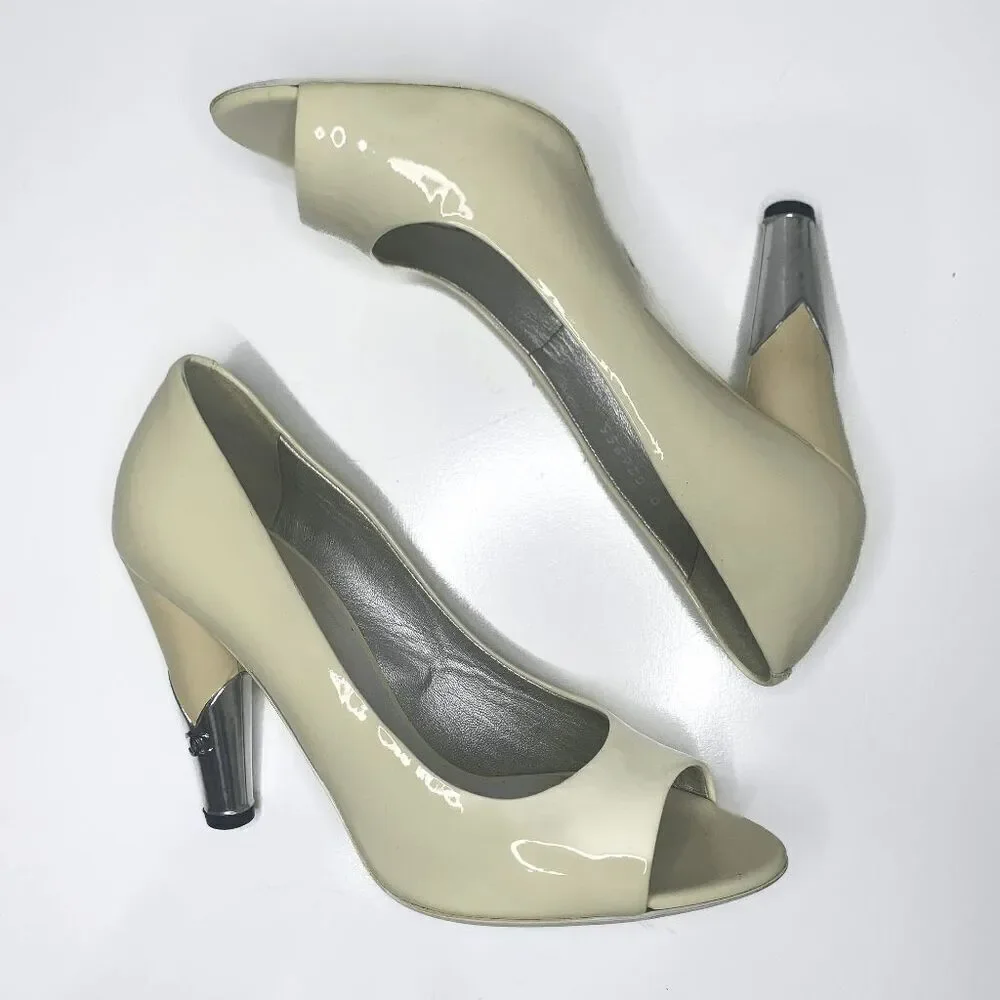 Chanel Interlocking CC Logo Peep Toe Patent Leather Heels EU 37.5 Yellow Pumps